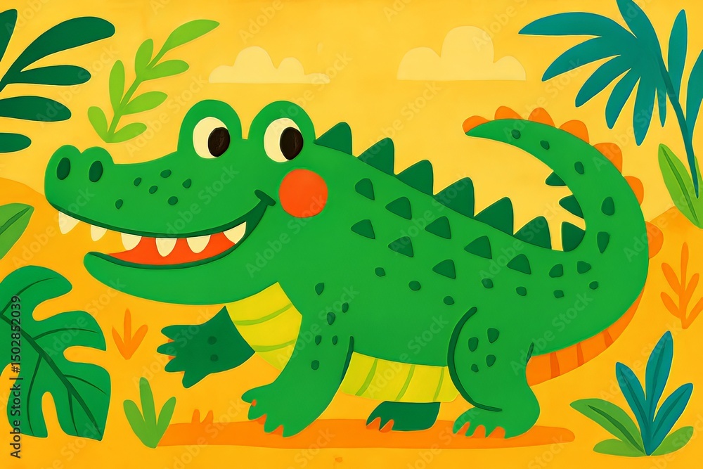 Fototapeta premium Cartoon illustration of a green crocodile surrounded by tropical plants on a yellow background