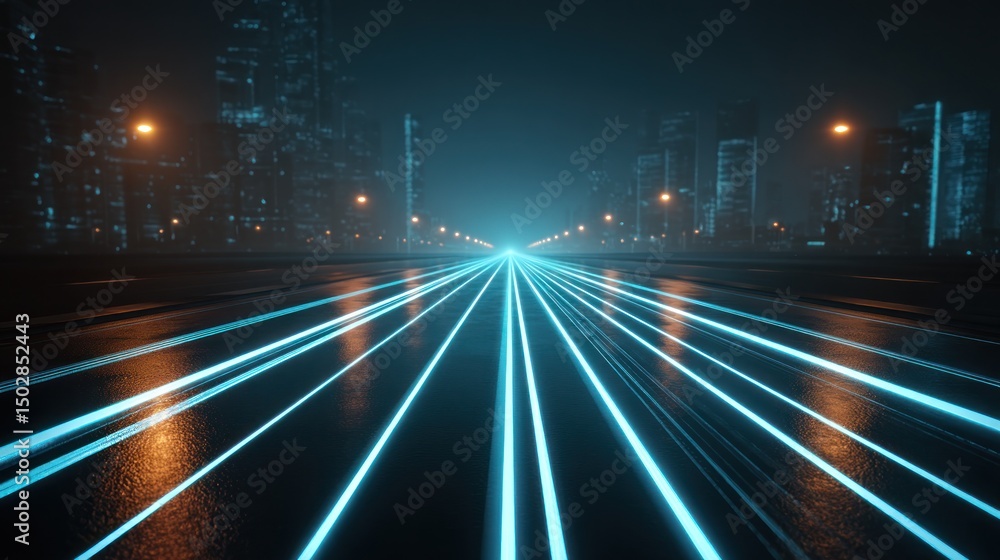A futuristic city road with glowing light trails and street lights at night in a blue atmosphere A futuristic city road with glowing light trails and street lights at night in a blue atmosphere