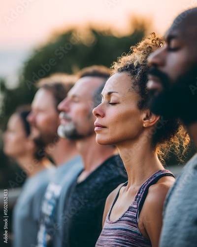 Diverse Group Practicing Deep Breathing Outdoors During Beautiful Sunset for Relaxation and Mindfulness