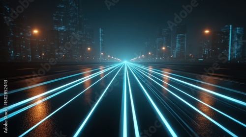 A futuristic city road with glowing light trails and street lights at night in a blue atmosphere