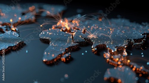 World map illustration with glowing connections and points of light on a dark background design