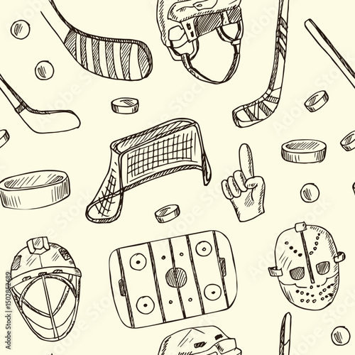 Puck hand drawn doodle seamless pattern. Vector illustration. Isolated elements on white background. Symbol collection.