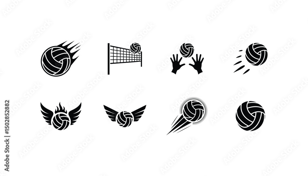 Volleyball Icon Set – Black Silhouette Sports Symbols and Action Poses Volleyball Icon Set – Black Silhouette Sports Symbols and Action Poses
