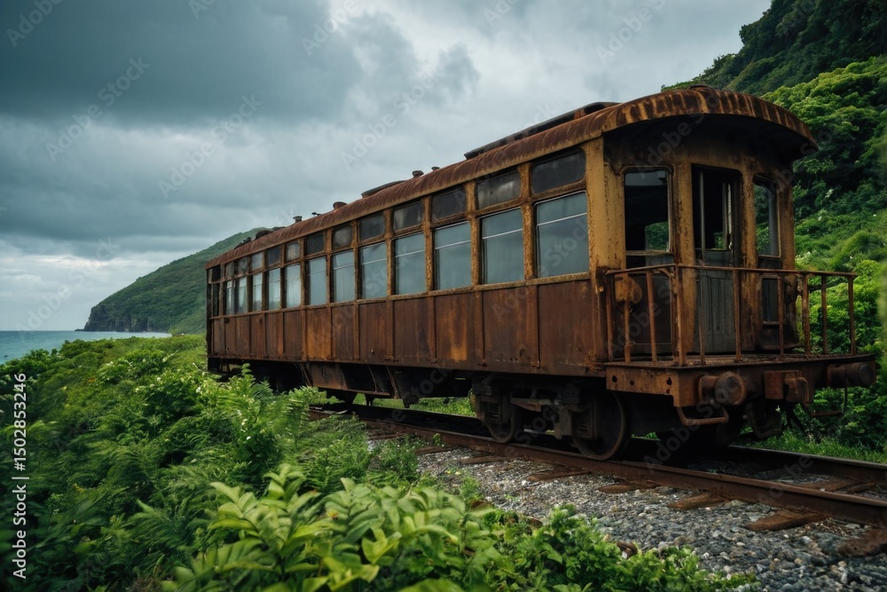 Fototapeta premium Abandoned train car on the tracks near the ocean, perfect for nostalgic or travel-themed projects
