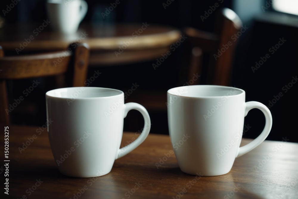 Two coffee cups on a wooden table, perfect for morning coffee or a cozy breakfast Two coffee cups on a wooden table, perfect for morning coffee or a cozy breakfast