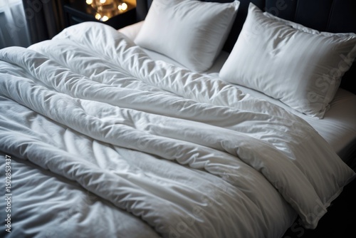 A simple bedroom scene with a white bed, featuring soft white sheets and plush pillows