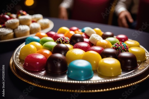 A colorful display of various candies on a table, ideal for a party or sweet treat display