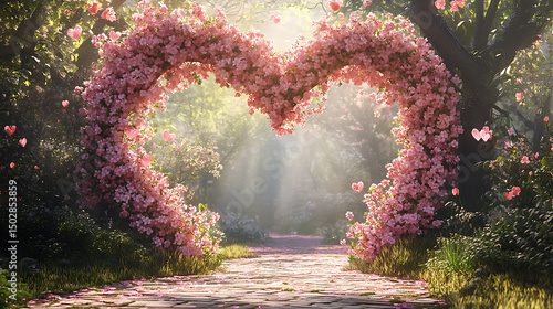 Heart shaped floral archway in forest