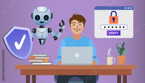 Cartoon-style flat illustration of a boy and a robot working together at a computer. Represents online learning, digital education, and how technology can help students achieve their goals. 