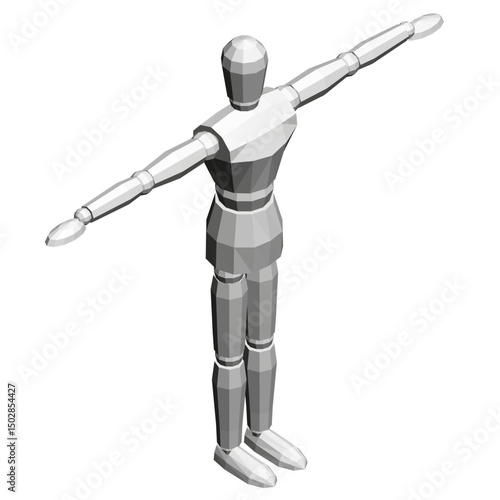 A white figure with arms outstretched is standing on a white background. The figure is a 3D model of a person, and it is in a pose of strength and confidence. Isometric view. 3D