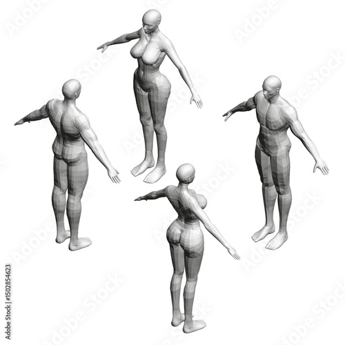 Four figures of different sizes are shown in a white background. The figures are all posed in different positions, with one standing upright and the others in various poses. Scene is one of stillness