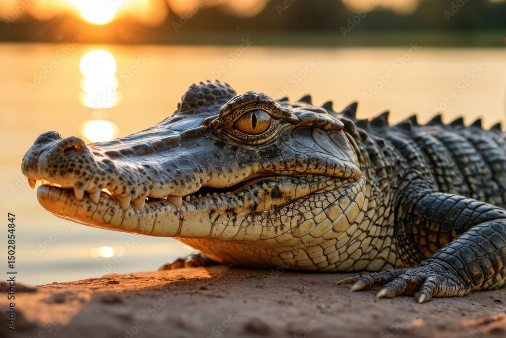 Fototapeta premium A close-up view of an alligator relaxing on a sandy beach, its scaly body and sharp teeth visible