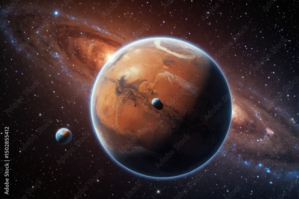 Fototapeta premium A planet is featured against a bright starry background, ideal for uses such as astronomy or space-themed designs