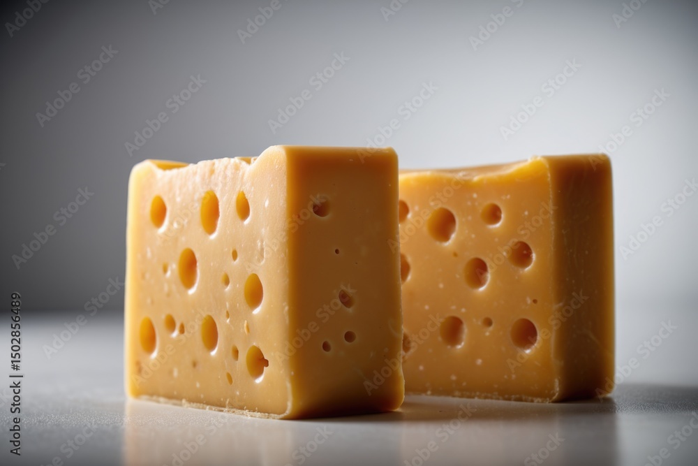 Piece of cheese cut into two halves with holes Piece of cheese cut into two halves with holes