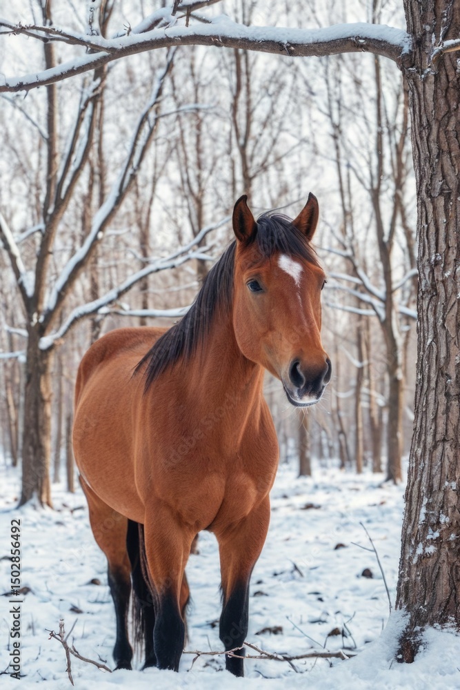 Horse standing beside a tree in snowy environment, ideal for winter or seasonal themes Horse standing beside a tree in snowy environment, ideal for winter or seasonal themes