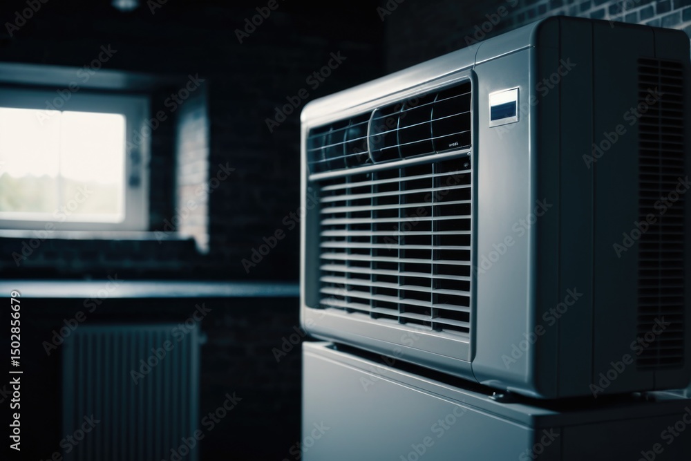 A modern air conditioner sitting in front of a window A modern air conditioner sitting in front of a window
