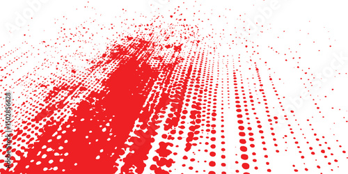 Red halftone dotted grunge texture. Vector grunge texture on distress background. Glitch distorted grange shape. Dust and dots screen print texture.