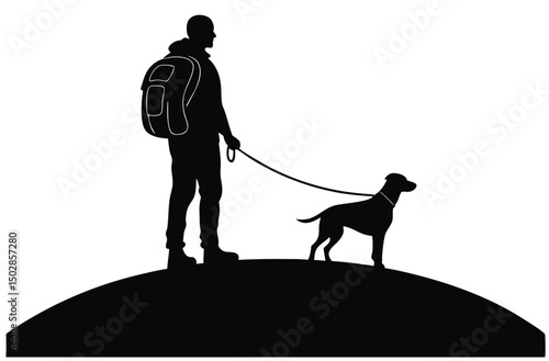 Hiker and Dog Silhouette on Mountain Trail