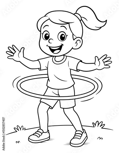 Smiling girl playing with a hula hoop, cartoon vector coloring illustration for children