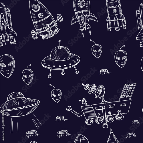 Spacecraft hand drawn doodle seamless pattern. Isolated elements on white background. Symbol collection.
