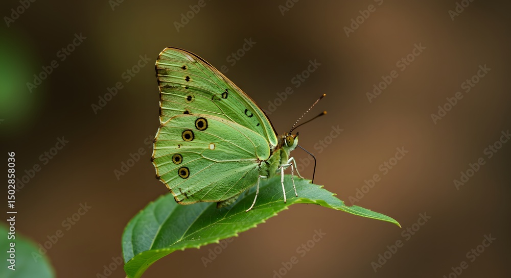 Obraz premium Vibrant Green Butterfly Resting on a Leaf Close-Up Nature Photography