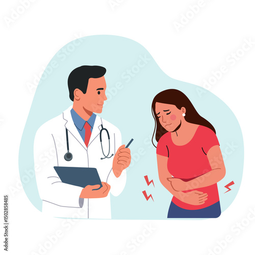 Doctor talks to a female patient. Young ill woman feel pain in stomach. Vector flat style cartoon illustration