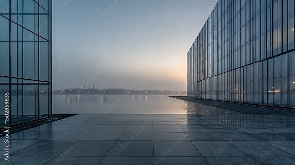 Fototapeta premium Modern glass architecture overlooking a tranquil water scene.
