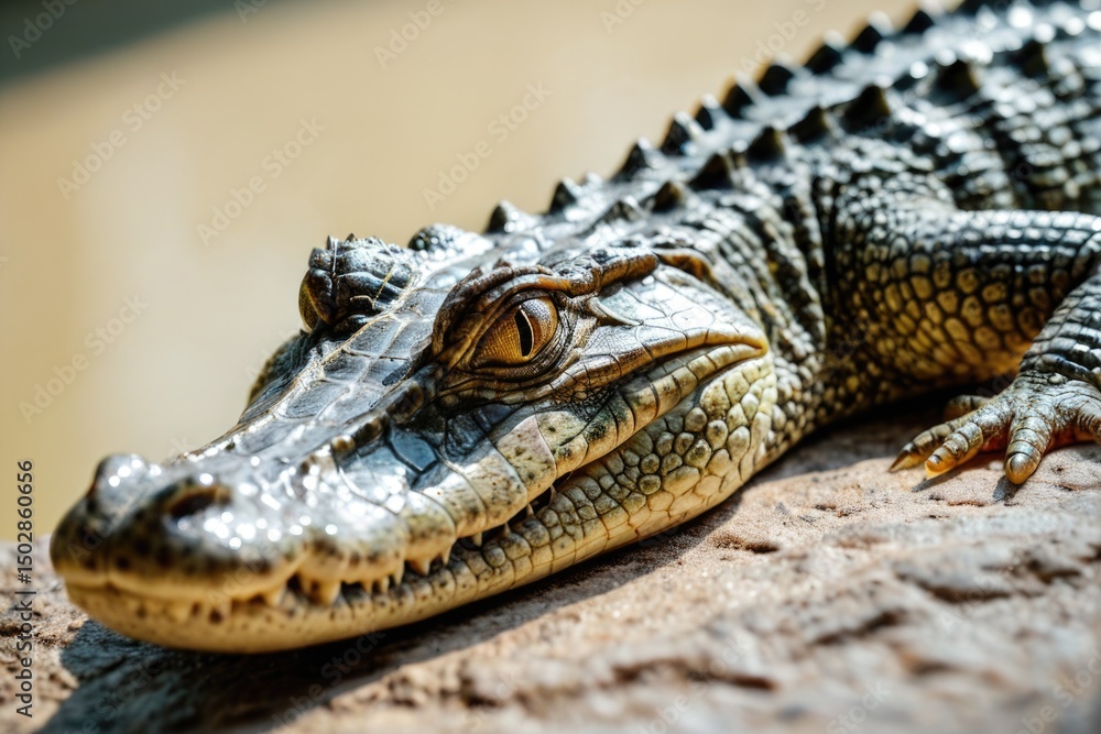 Fototapeta premium Close-up photo of a small alligator sitting on a rock, suitable for use in illustrations or educational materials about reptiles