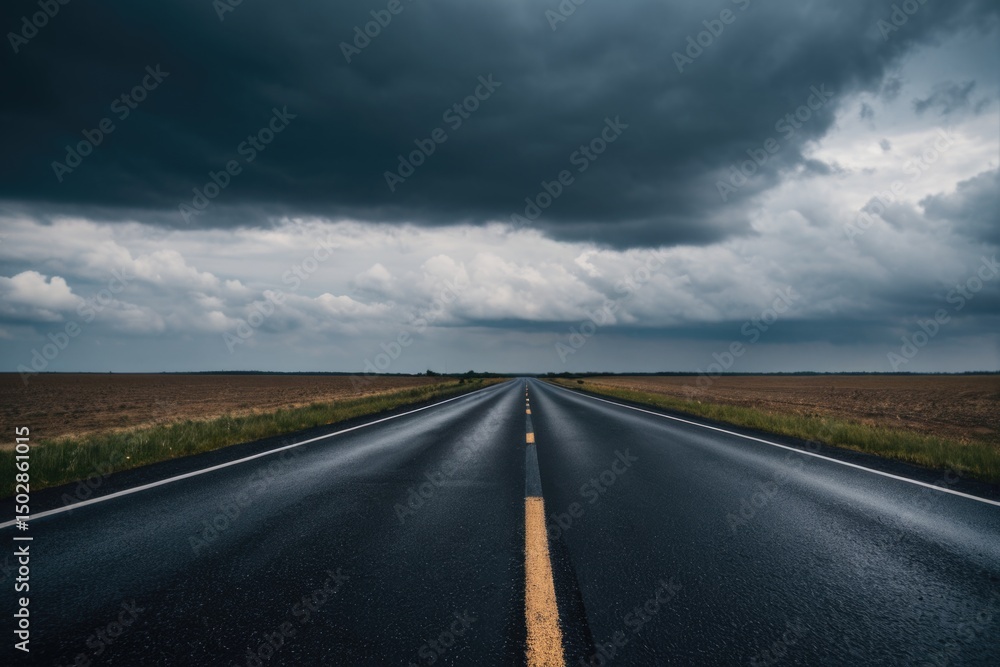 Fototapeta premium A long empty road with a cloudy sky in the background, suitable for use in scenes depicting isolation or solitude