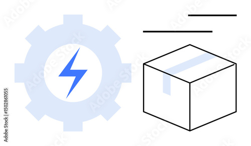Gear with lightning symbol and taped box highlighting efficiency, speed, and logistics. Ideal for automation, workflow, delivery, supply chain, logistics innovation service. Flat simple metaphor