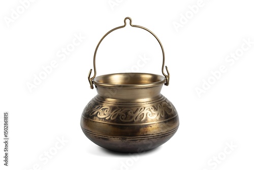 Ornate Brass Pot with Handle Isolated on White Background, Detailed Decoration