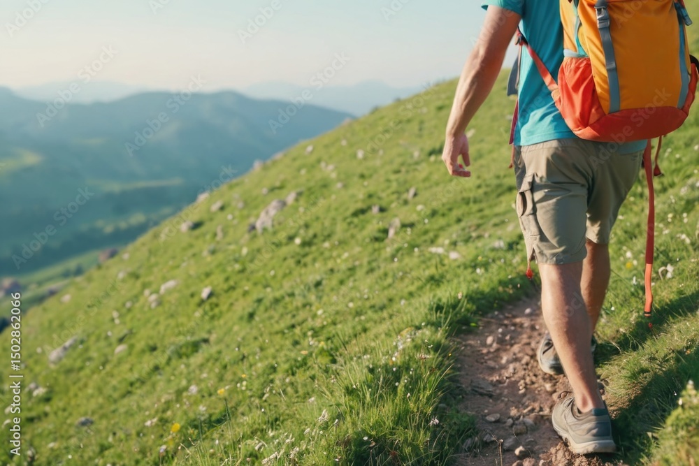 A person hiking up a hill with a backpack, possibly preparing for an adventure A person hiking up a hill with a backpack, possibly preparing for an adventure