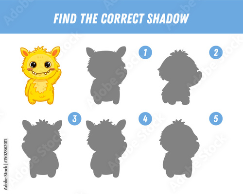 Find correct shadow of cute yellow monster. Educational logical game for kids. Halloween game. Cartoon monster. Vector
