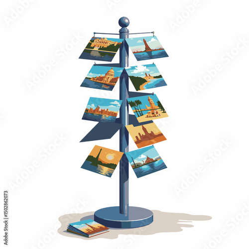 Colorful postcard stand displaying scenic views against white background, travel inspiration