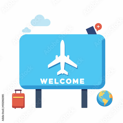Colorful airport welcome sign with airplane icon, travel concept