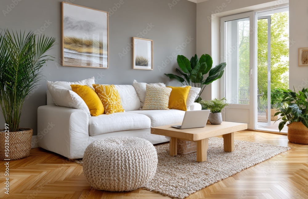 A modern living room with light gray walls, a wooden floor, and a white ceiling A modern living room with light gray walls, a wooden floor, and a white ceiling