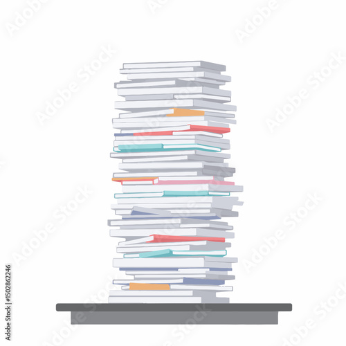 Chaotic stack of paperwork on gray desk, office disorganization