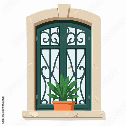 Elegant consulate window with potted plant on pale stone wall, timeless beauty