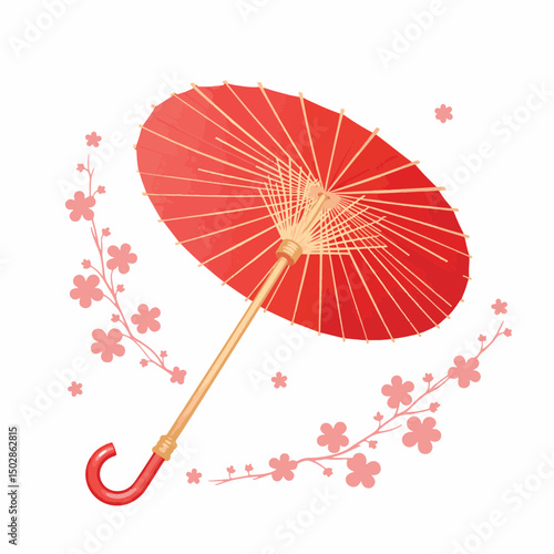 Vibrant red traditional Japanese umbrella surrounded by cherry blossoms, elegance