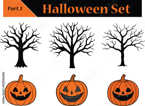 Halloween Vector Set with Dead Tree and Pumpkin for Halloween Day Concept