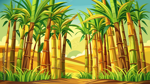 Fresh tropical sugarcane stalks stand tall, showcasing raw sugarcane textures. These sugar cane sticks, vibrant and natural, evoke sweetness and warmth against a transparent background image full of o