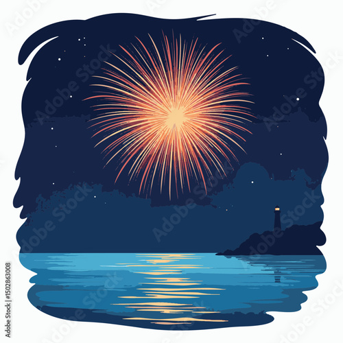 Vibrant firework exploding over tranquil seaside at night, celebration