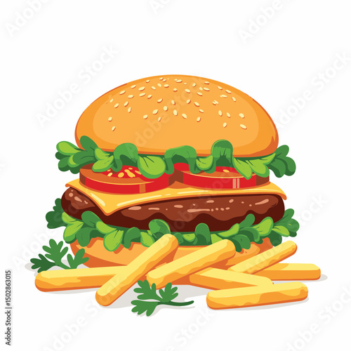 Delicious gourmet burger with fries on white background, culinary delight