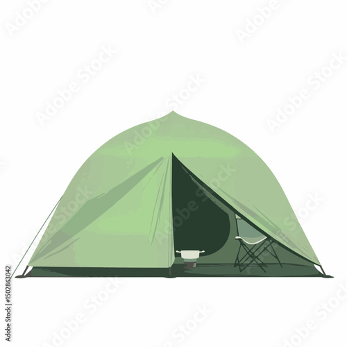 Compact green camping tent with gear, nature-inspired simplicity