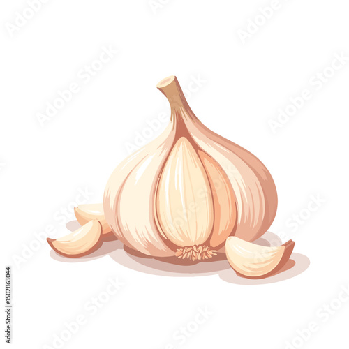 Minimalistic garlic bulb with cloves on white background, natural beauty