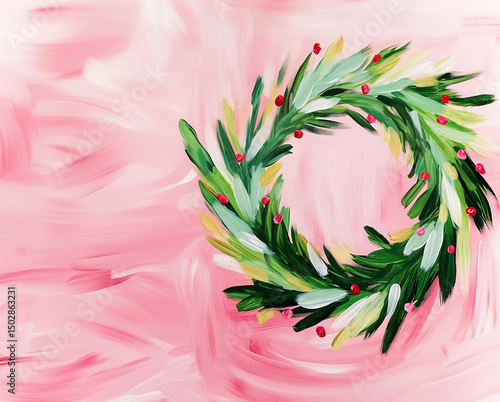Watercolour Christmas green leaf wreath painting pink background botanical gum leaves red berries modern festive art wall print home decor greeting card winter holiday copy space backdrop painted xmas