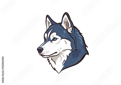 Vector line art of a husky dog head in light blue and white, clean minimal style, white background