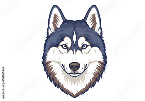 Vector line art of a husky dog head in light blue and white, clean minimal style, white background