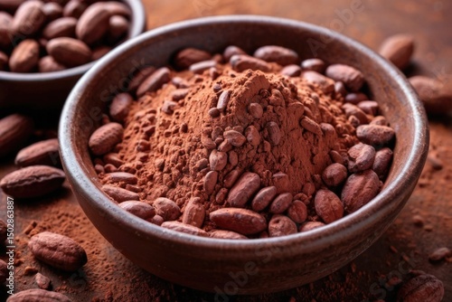 A bowl of raw cacao beans and a separate bowl with whole beans