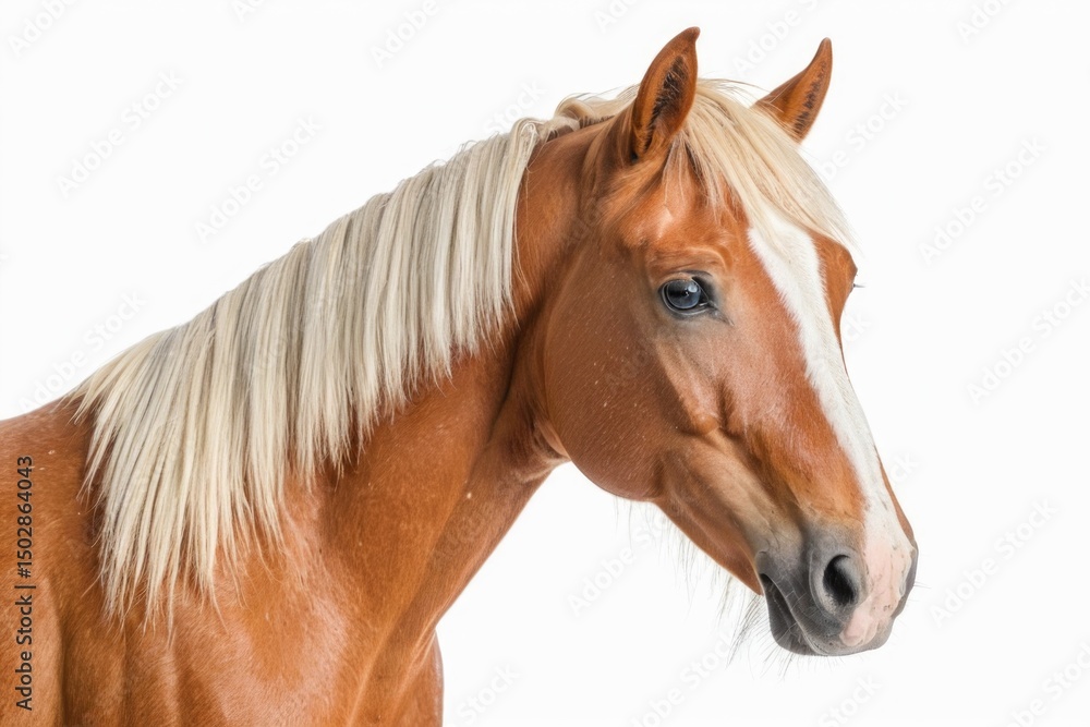 Obraz premium A beautiful brown and white horse with a long flowing mane, suitable for various uses such as equine photography or advertising